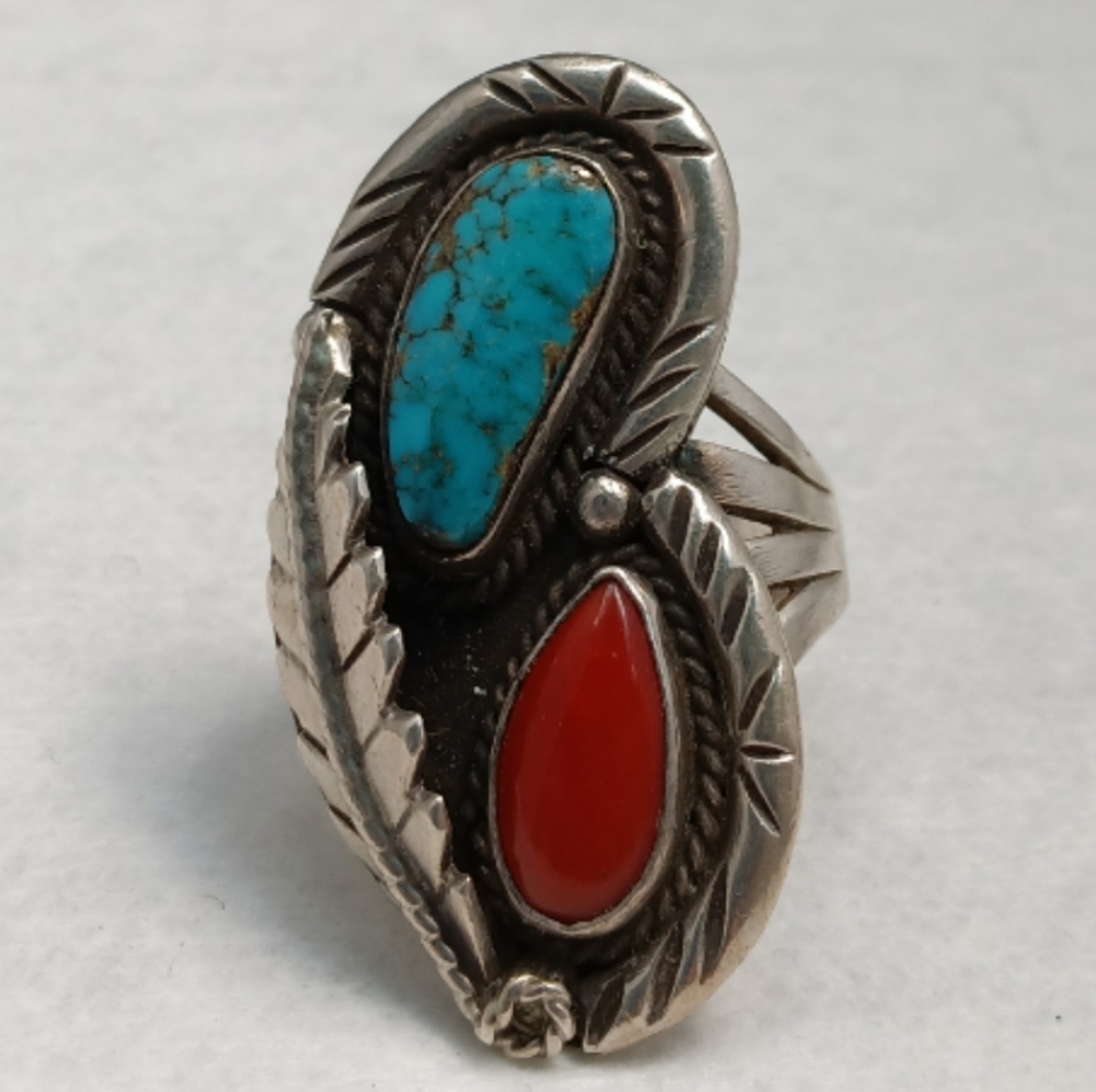 Native American Turquoise Red Coral Statement Sterling Silver Ring